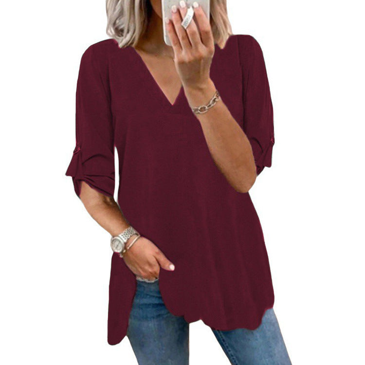 Damen lässiges V-Ausschnitt T-Shirt mit Rüschendetail Drune