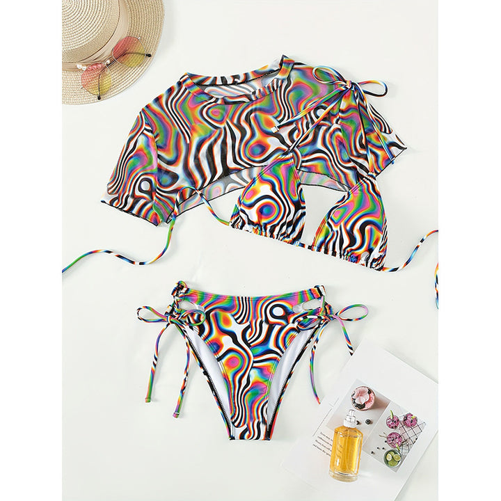Damen Buntes Schwimmbikini-Set mit transparentem Oberteil Drune