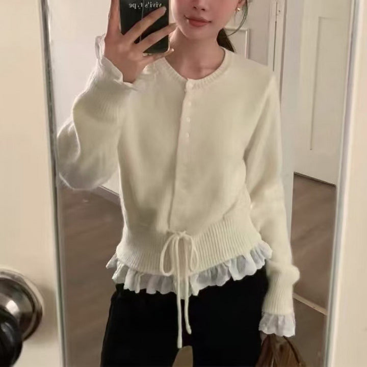 Damen Strickjacke mit Rüschen und Taillenbindung Drune