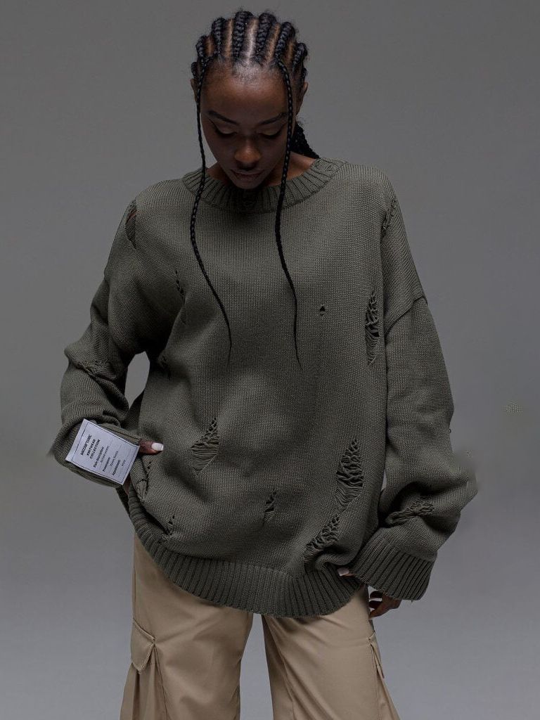 Damen Grob gestrickter Oversized Pullover mit distressed Details Drune