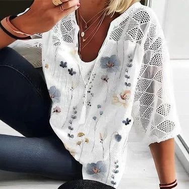 Damen nan V-Ausschnitt-Tunika mit Ajourstrick-Ärmeln und dezentem Aquarell-Blumenprint Drune
