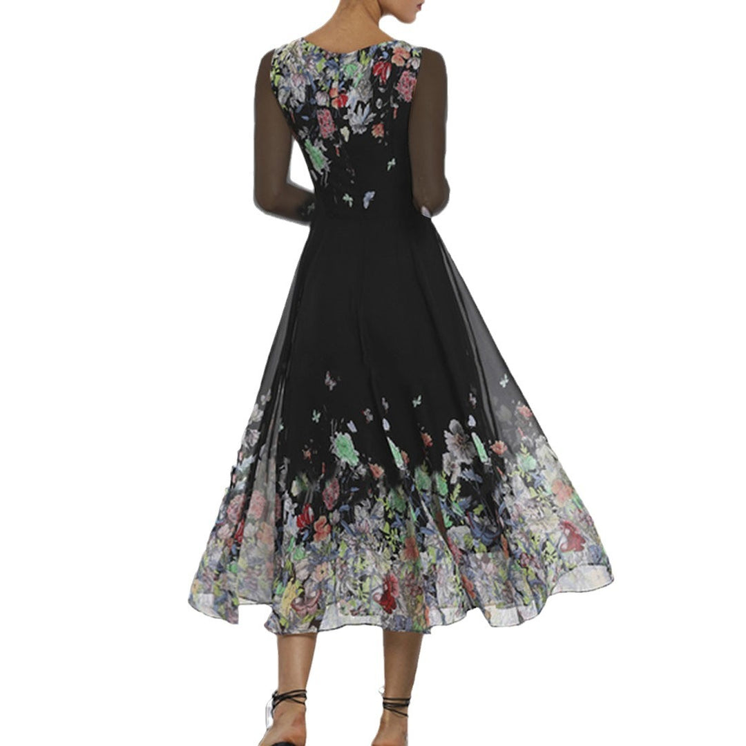 Damen Elegantes Blumen-Maxi-Kleid mit transparenten Ärmeln und fließendem Schnitt Drune