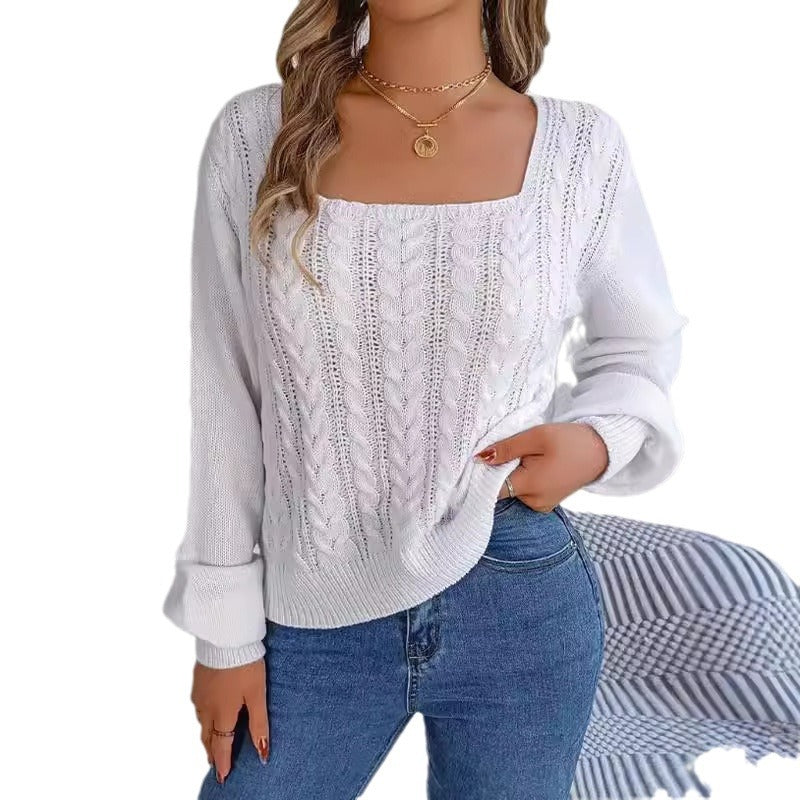 Damen Großer Strickpullover mit elegantem Quadrat-Ausschnitt und Zopfmuster Drune