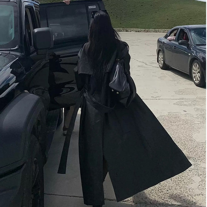 Damen Eleganter Baumwoll-Mix Trenchcoat mit asymmetrischer Schulterklappe und Bindegürtel Drune