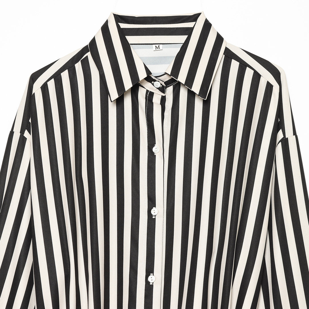 Damen Oversize-Hemdbluse mit vertikalen Streifen und kontrastierendem Taillenband Drune