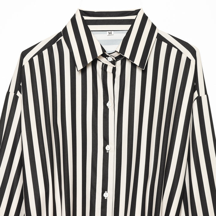Damen Oversize-Hemdbluse mit vertikalen Streifen und kontrastierendem Taillenband Drune