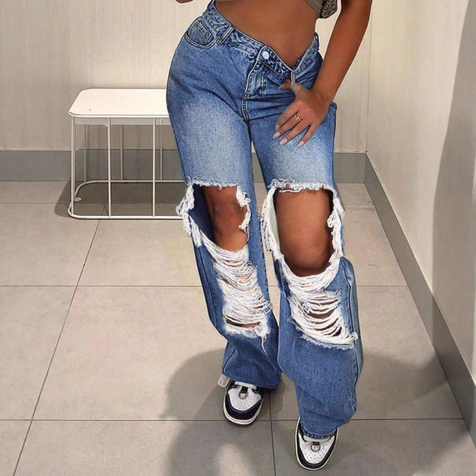 Damen Extraweit geschnittene Destroyed-Jeans mit XXL-Knie-Cutouts und tiefer Taillenlinie Drune
