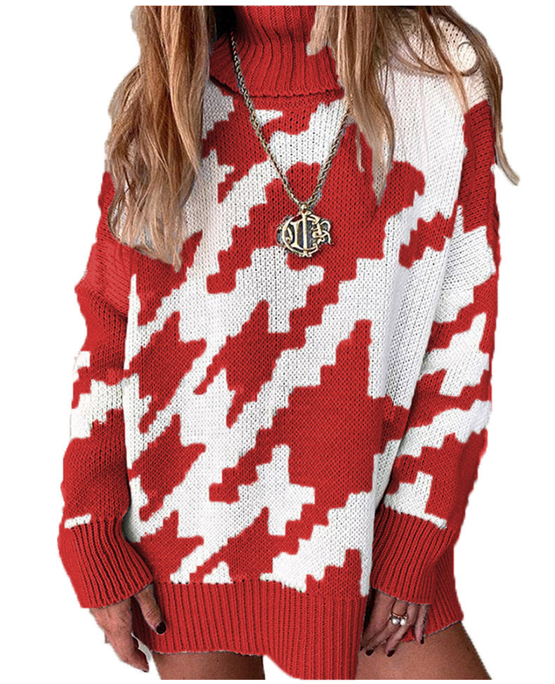 Damen Strickpullover mit hohem Kragen und modernem Zickzack-Muster Drune
