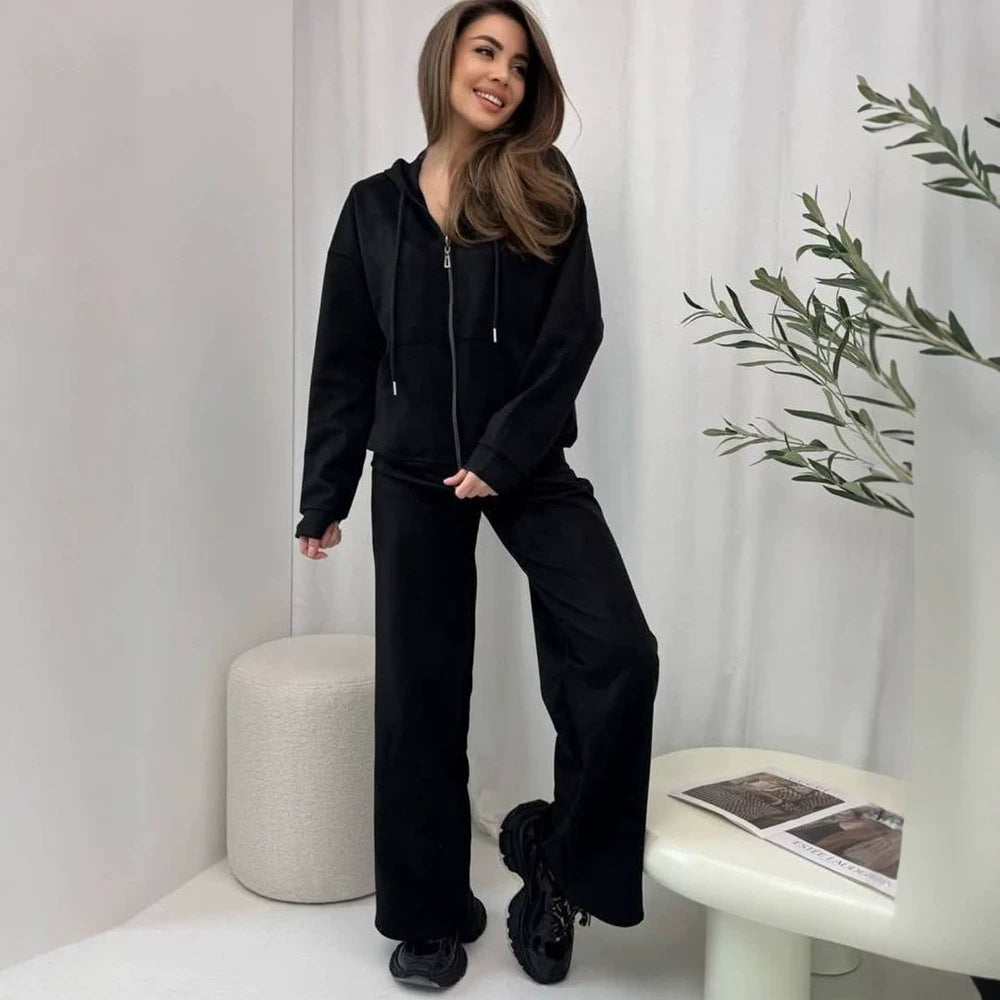 Damen Lässiges Kapuzen‑Sweatset mit Reißverschluss und weitem Jogger‑Schnitt Drune