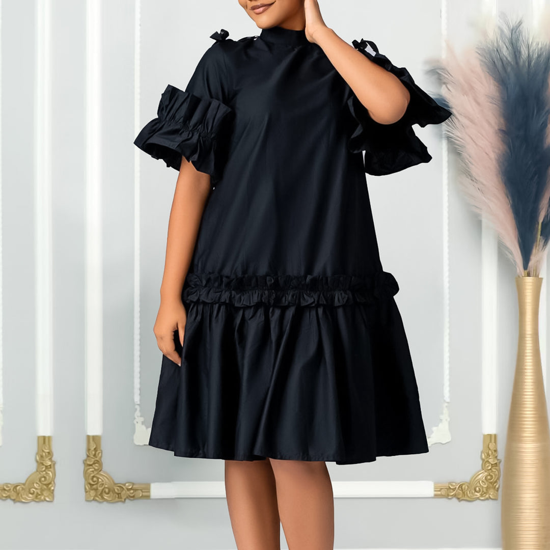 Damen Midikleid mit voluminösen Rüschenärmeln und elegantem Stehkragen Drune