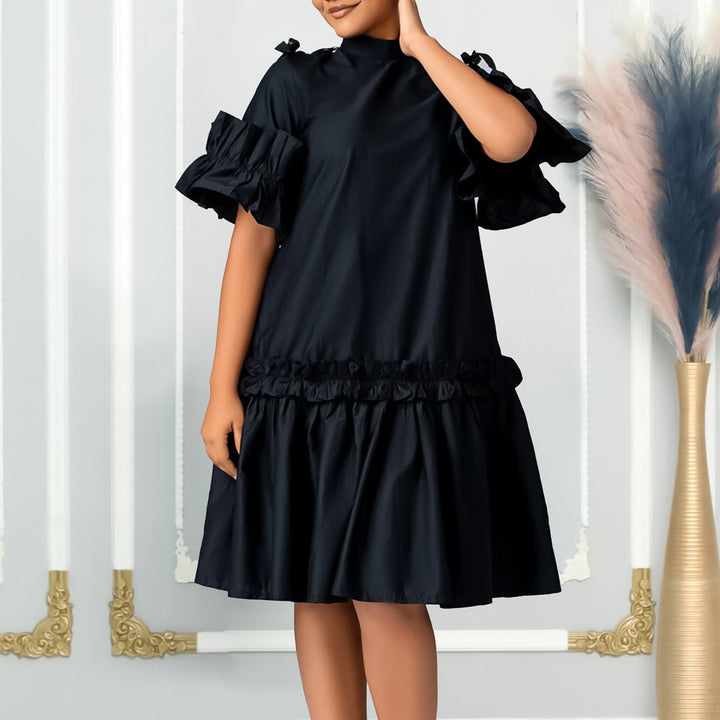 Damen Midikleid mit voluminösen Rüschenärmeln und elegantem Stehkragen Drune
