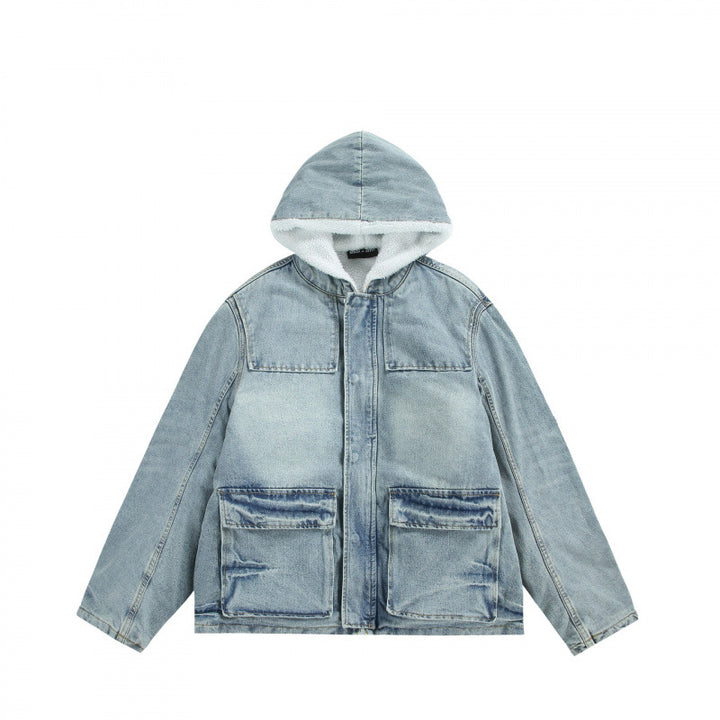 Unisex Kapuzen-Jeansparka im Used‑Look mit Teddyfleece-Futter und aufgesetzten Pattentaschen Drune