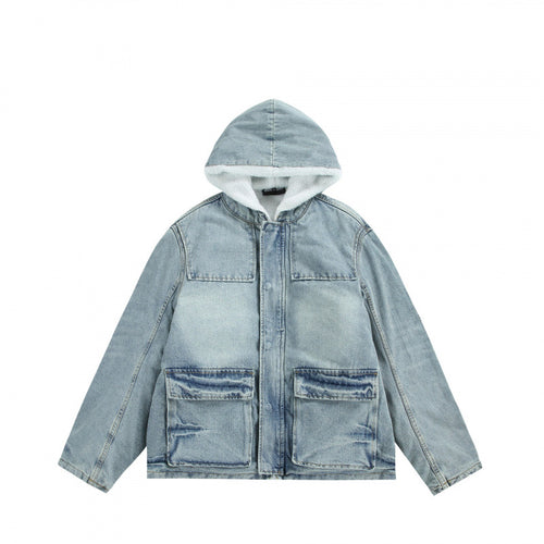 Unisex Kapuzen-Jeansparka im Used‑Look mit Teddyfleece-Futter und aufgesetzten Pattentaschen Drune
