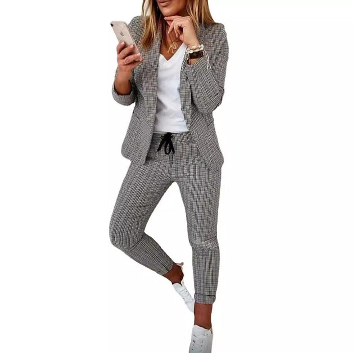 Damen nan zweiteiliges Karomuster Business-Casual Blazer-Set mit elastischer Bundhose Drune