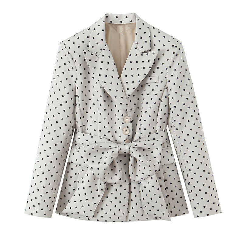 Damen Taillierter gepunkteter Blazer mit Bindegürtel und Reverskragen Drune
