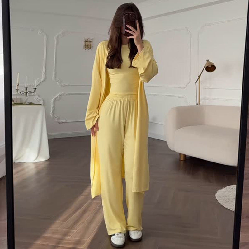Damen Loungewear-Kombination aus langärmligem Oberteil und weiten Palazzo-Hosen Drune