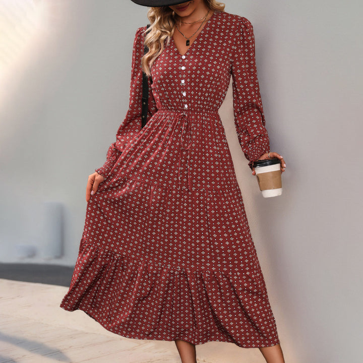 Damen Elegantes Midi-Kleid mit Rüschen und Bindeband Drune