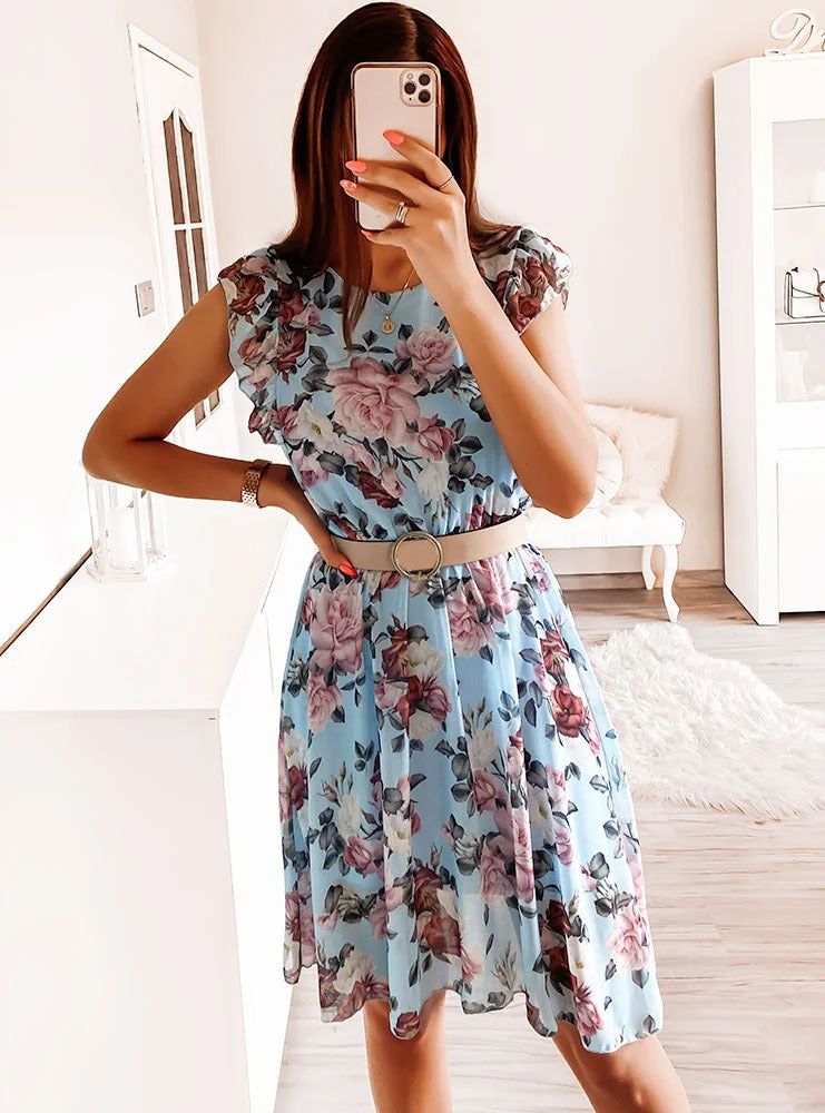 Damen Sommerkleid mit zarten Rüschendetails und Taillengürtel Drune