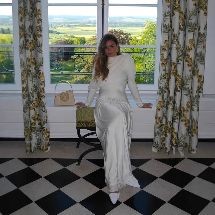 Damen Plissiertes Maxi-Abendkleid mit drapierten Schultern und langen Ärmeln Drune