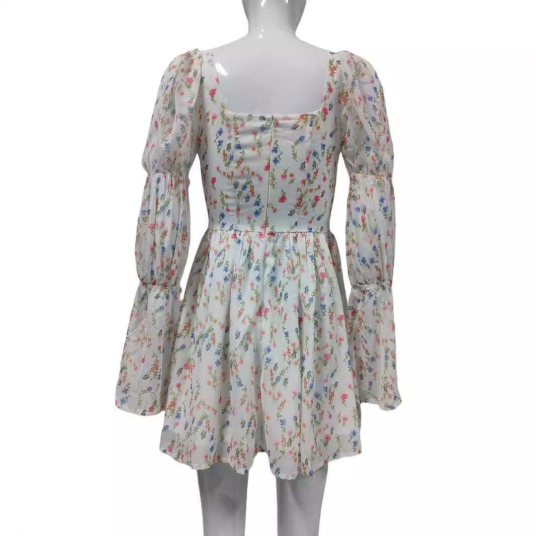 Damen Sommerliches Chiffon-Minikleid mit quadratischem Ausschnitt, Puffärmeln und taillierter Empire-Linie Drune