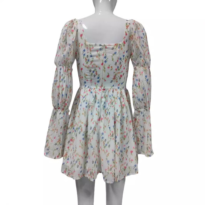 Damen Sommerliches Chiffon-Minikleid mit quadratischem Ausschnitt, Puffärmeln und taillierter Empire-Linie Drune