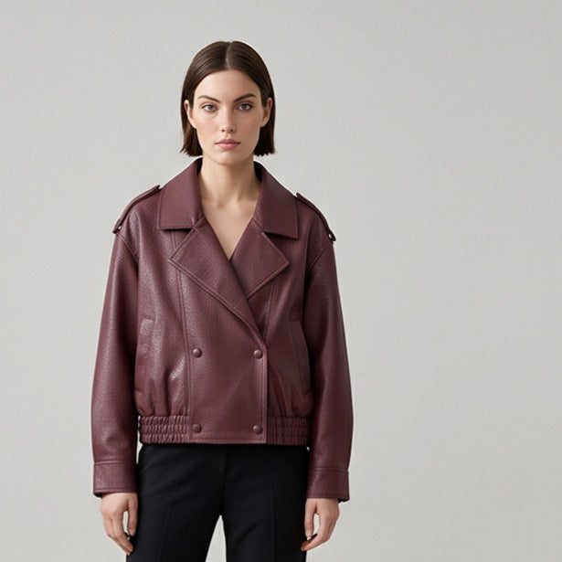 Damen Boxy-Lederimitat-Blouson mit strukturierter Narbung, doppelreihiger Knopfleiste & elastischem Saum Drune