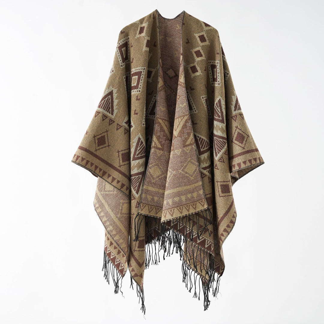 Damen Jacquard‑Wickelruana im Ethno‑Design mit Fransen und offenem Fall Drune