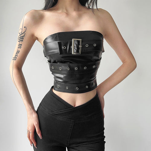 Damen Couture Oberteil aus Leder mit dekorativen Schnallen und Ösen Drune