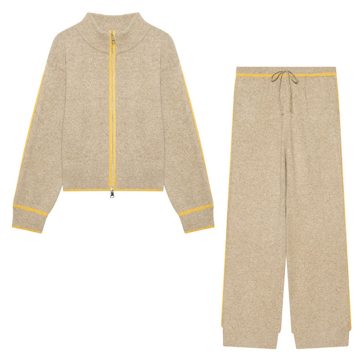 Damen Zweiteiliges Strick-Loungewear-Set mit kurzem Reißverschluss-Cardigan und hoher Bund-Palazzo-Hose Drune