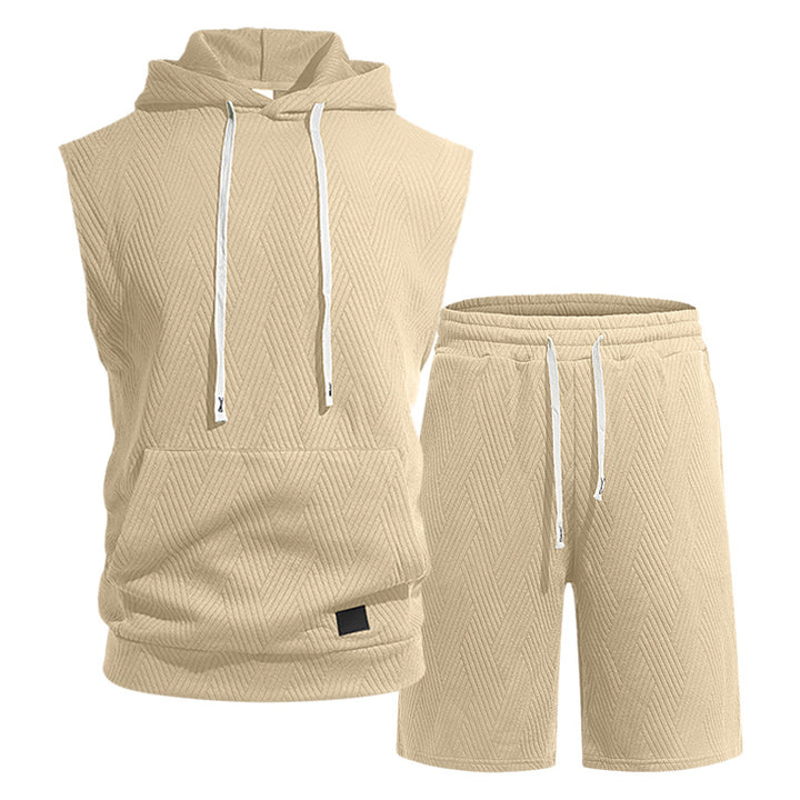 Herren nan ärmelloses Kapuzen-Lounge-Set aus strukturierter Baumwollmischung mit Kängurutasche und elastischer Freizeithose Drune