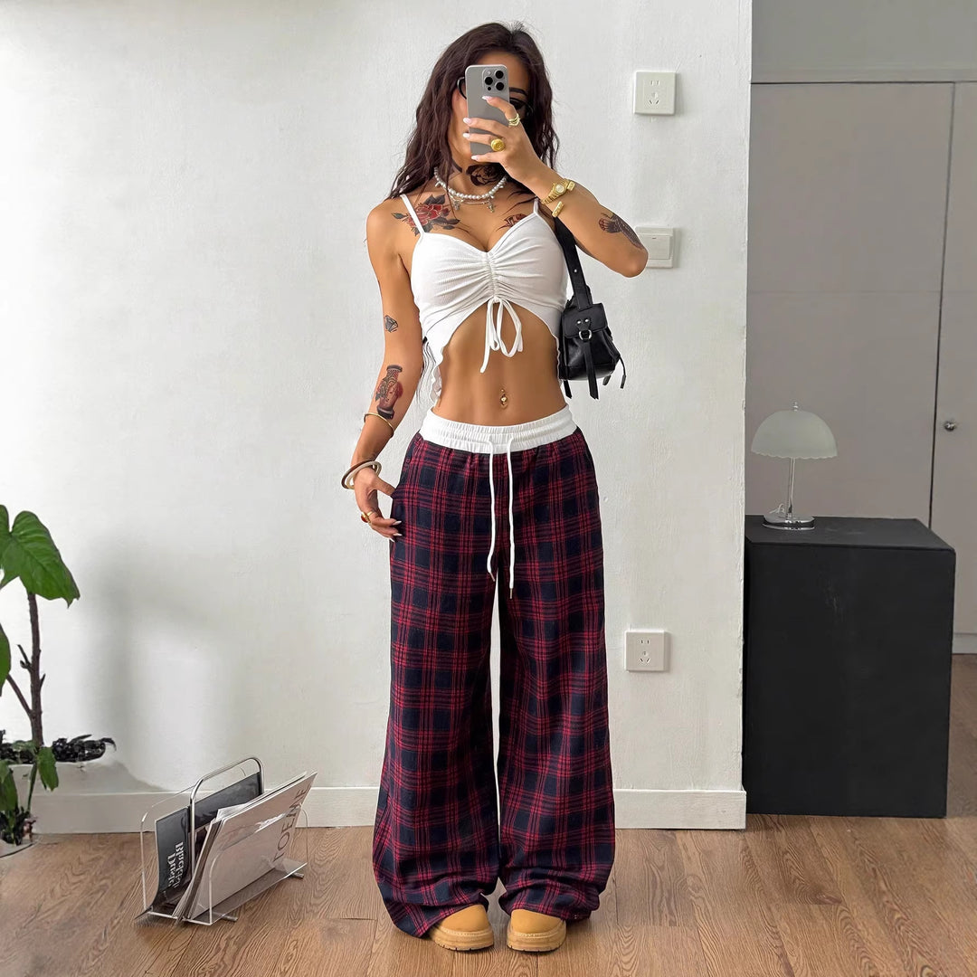 Damen weite karierte Lounge-Hose mit hohem Gummibund und Kordelzug Drune