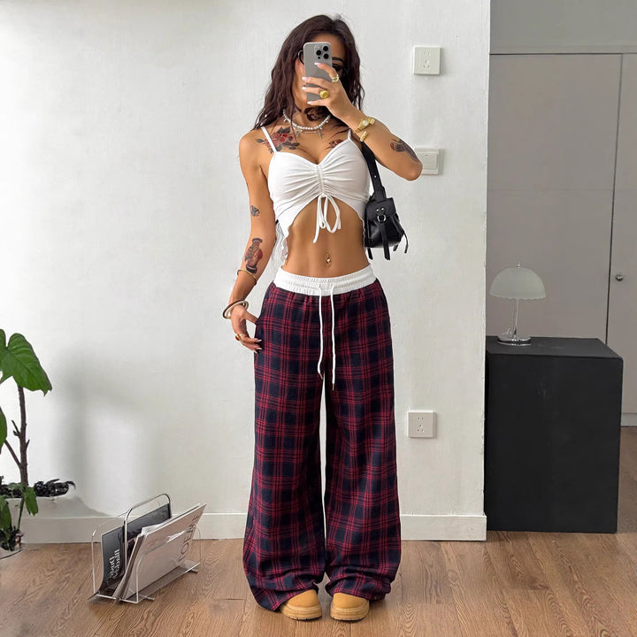 Damen weite karierte Lounge-Hose mit hohem Gummibund und Kordelzug Drune