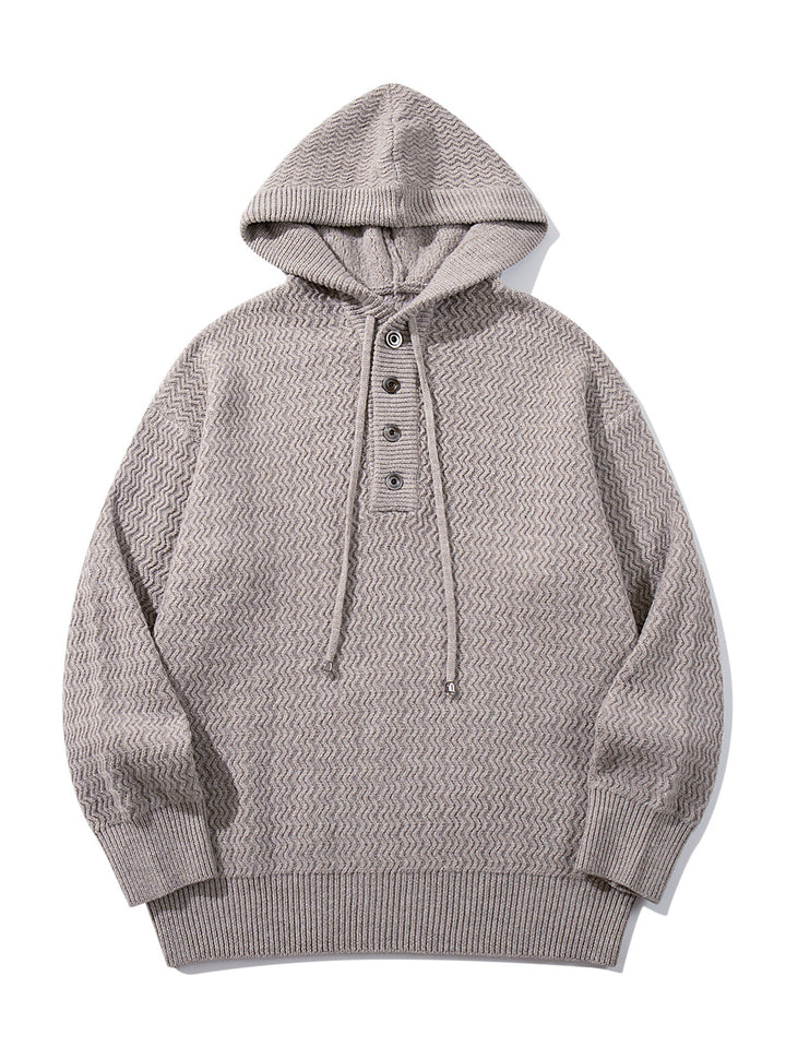 Unisex Strukturierter Kapuzen‑Strickpullover mit Henley‑Knopfleiste Drune