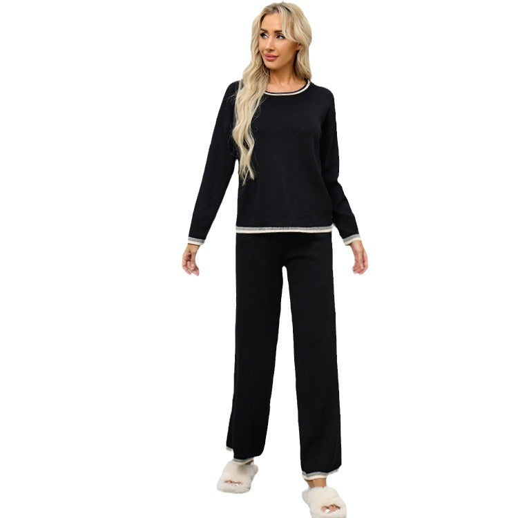Damen gemütliches Strick-Loungewear-Set mit kontrastierenden Abschlüssen Drune