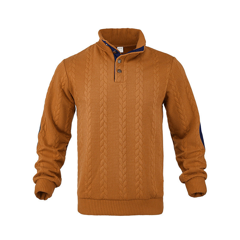Herren Kabelstrick-Pullover mit Stehkragen, Knopfleiste & Ellbogenpatches Drune