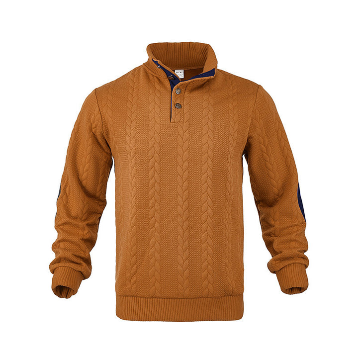 Herren Kabelstrick-Pullover mit Stehkragen, Knopfleiste & Ellbogenpatches Drune