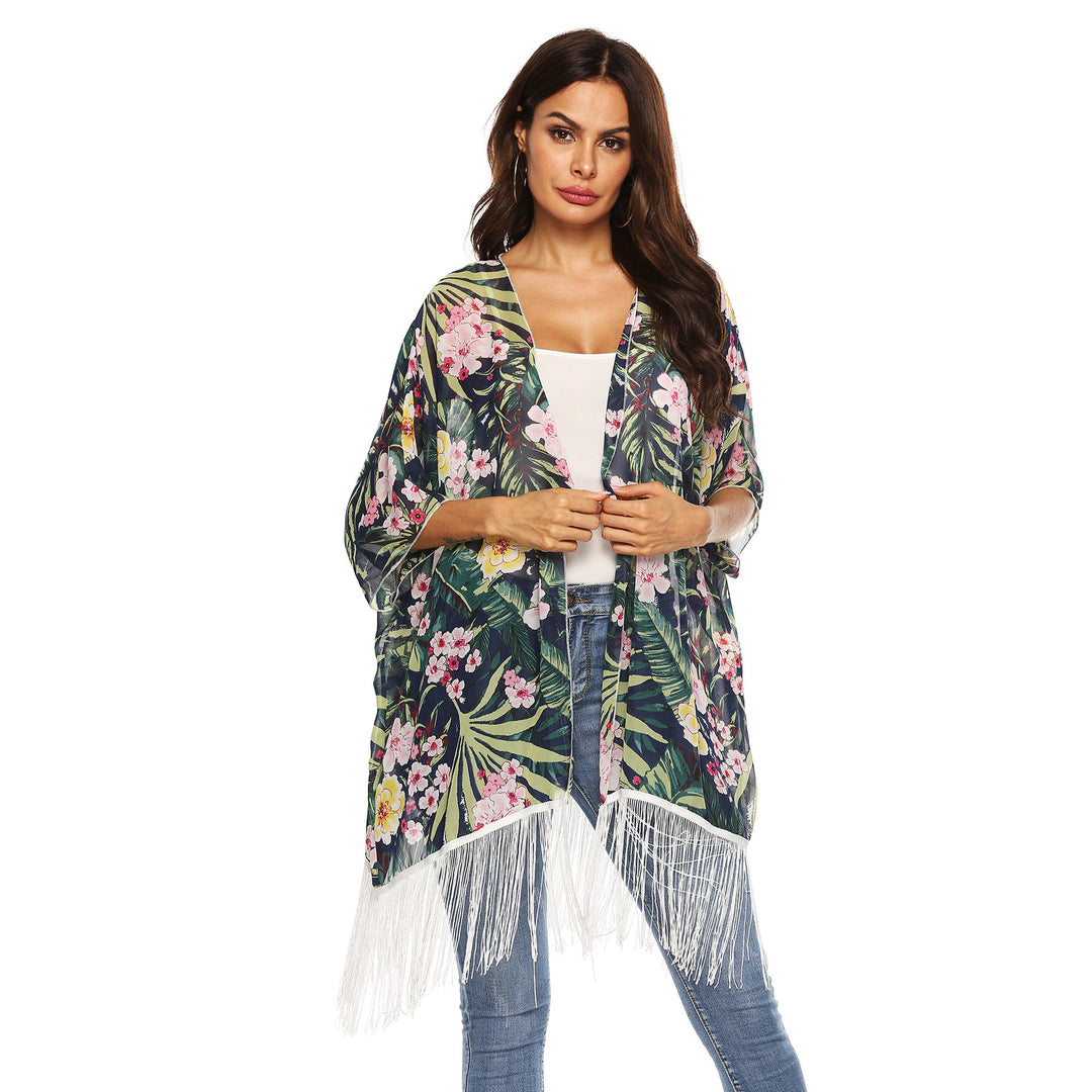Damen Kimono mit floralem Design und Fransen Drune