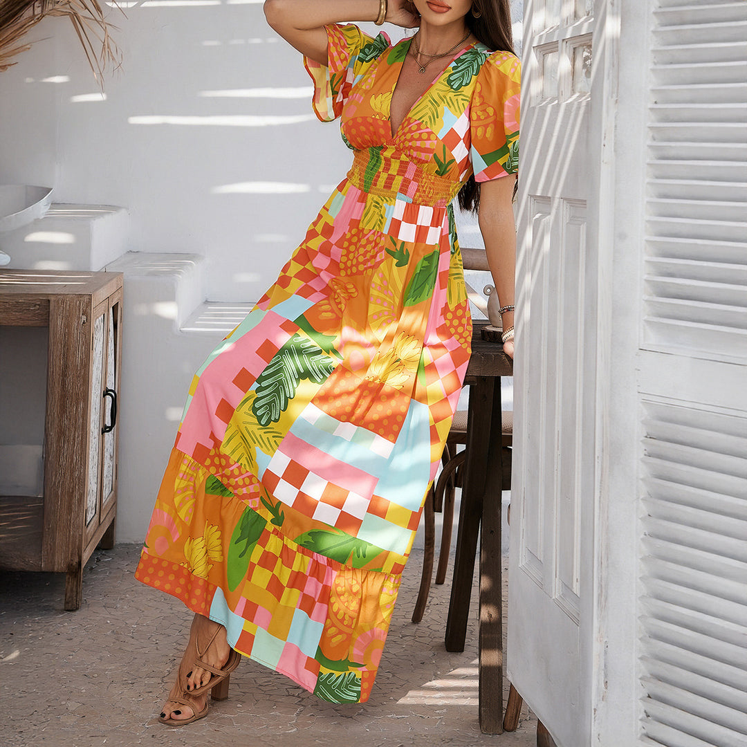 Damen Maxikleid mit raffiniertem V-Ausschnitt und eleganter Raffung Drune