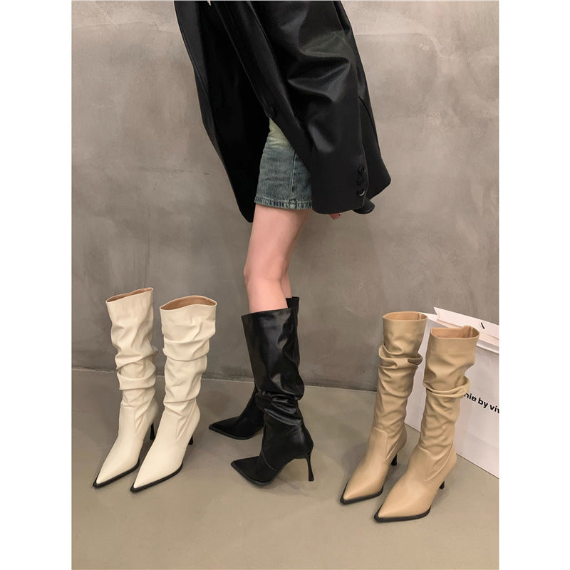 Damen Slouchy kniehohe Stiefel mit spitzer Zehenform und skulpturellem Stiletto-Absatz Drune