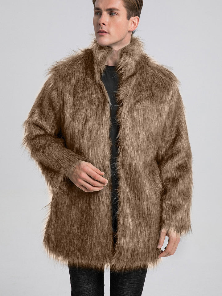 Herren Eleganter Kunstfell-Mantel mit weitem Kragen Drune