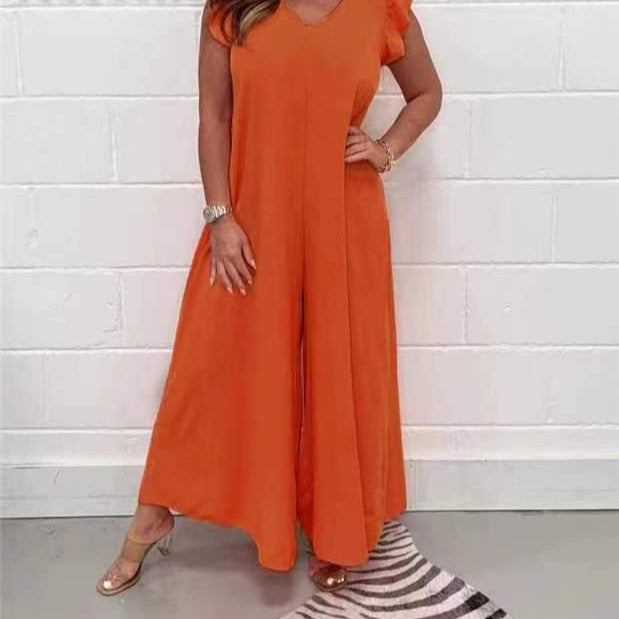 Damen gehobener Jumpsuit mit voluminösen Rüschenärmeln und V-Ausschnitt Drune