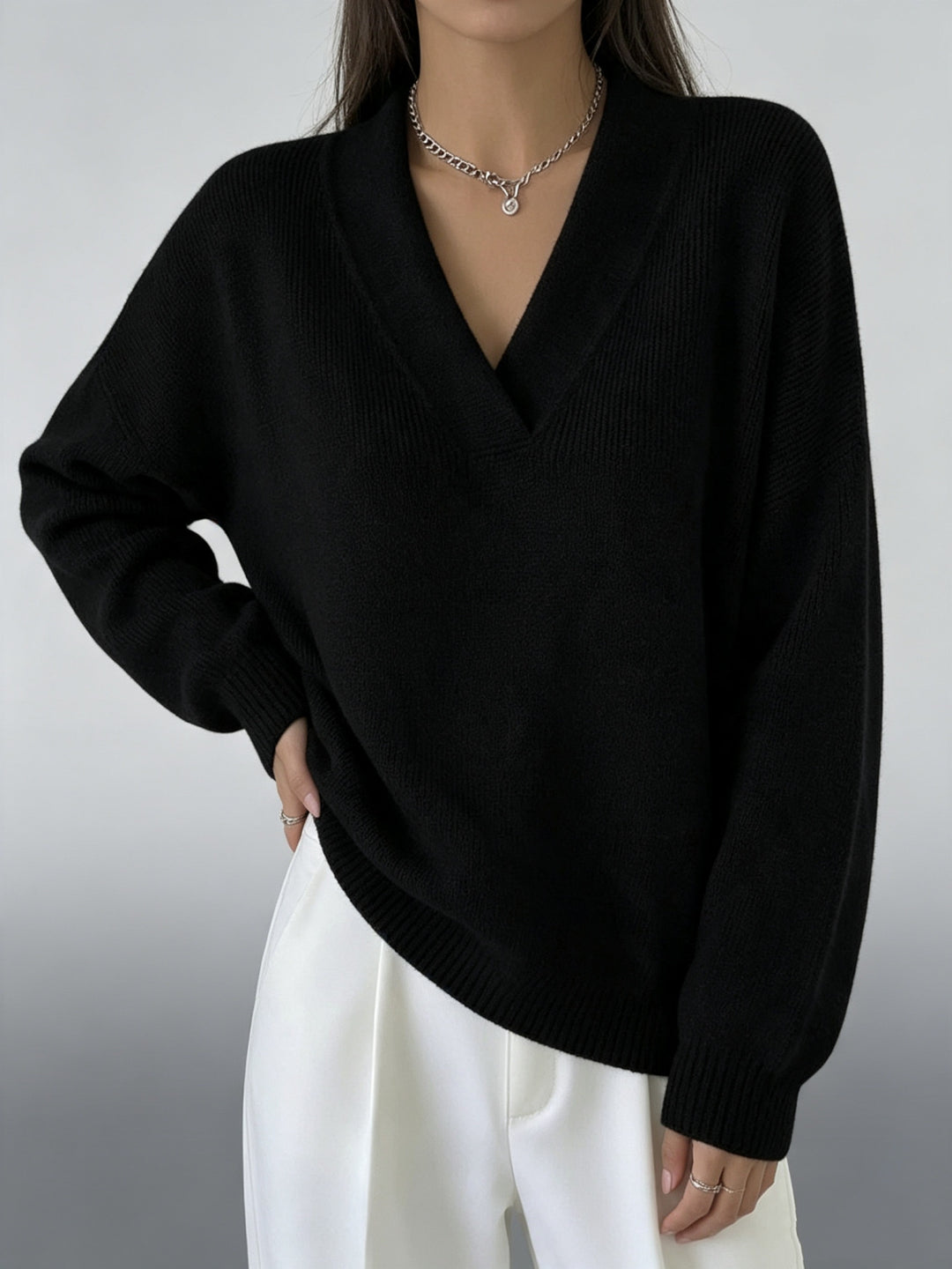 Damen Kaschmir-Touch V-Ausschnitt Relax-Pullover mit Raglanärmeln Drune