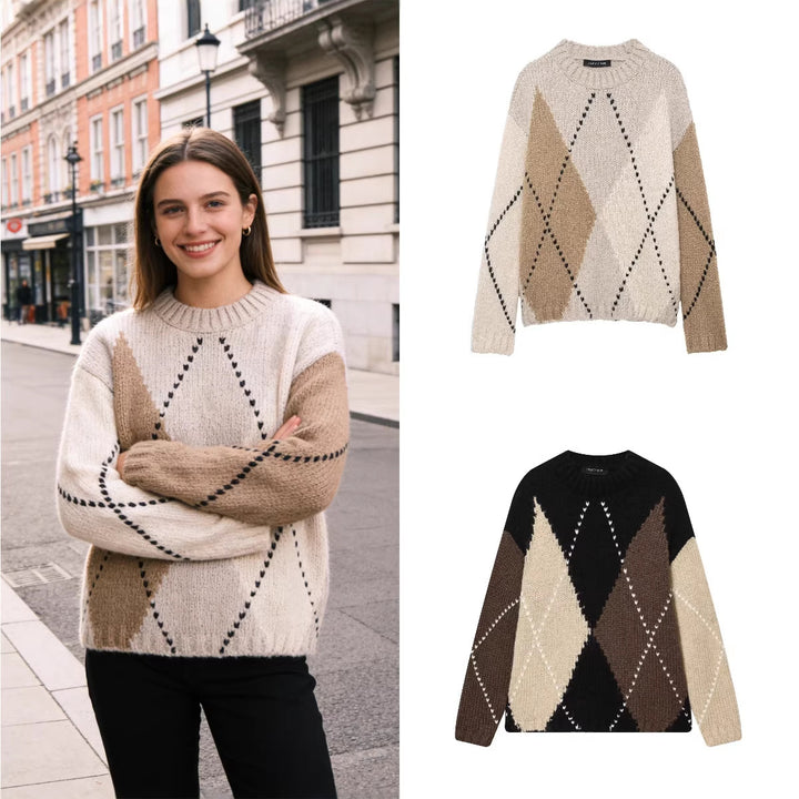 Damen Grobgestrickter Argyle-Pullover mit Oversize-Schnitt und Rippkragen Drune