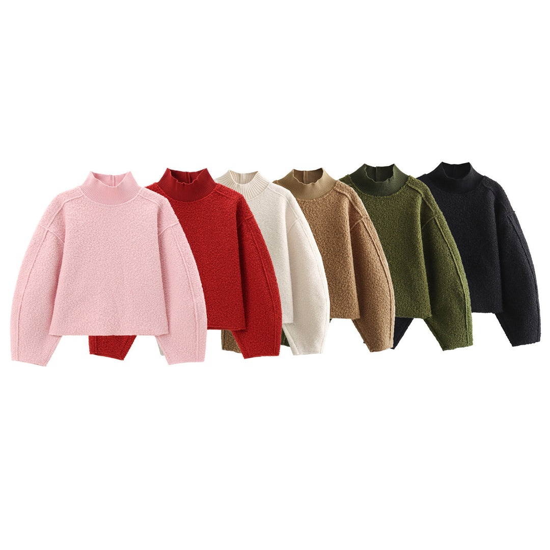 Damen Oversize Cropped Pullover mit Stehkragen und Ballonärmeln Drune