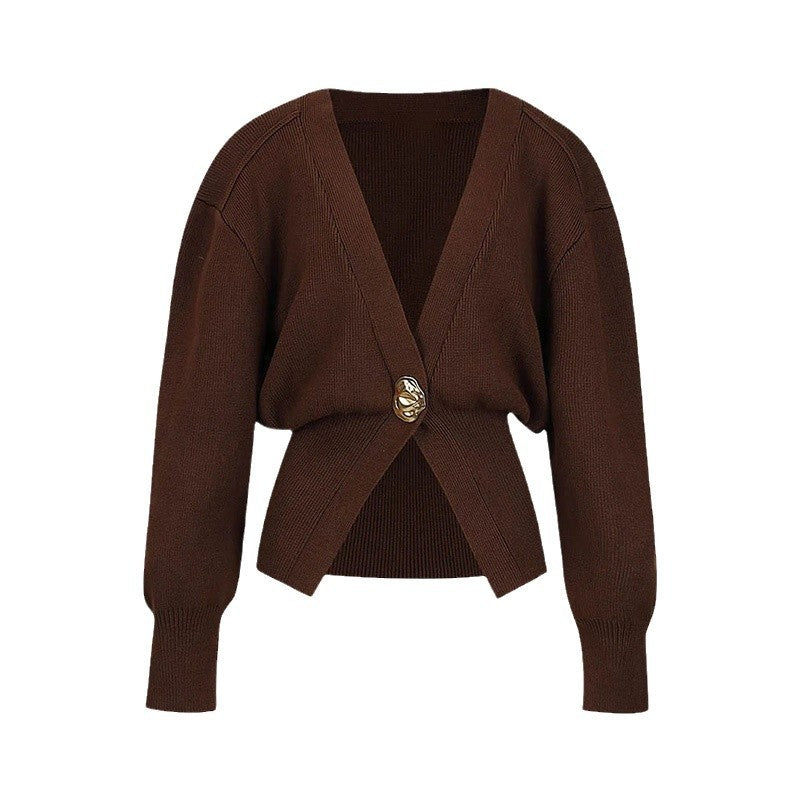 Damen modische Strickjacke mit tiefem V-Ausschnitt und eleganter Knopfleiste Drune