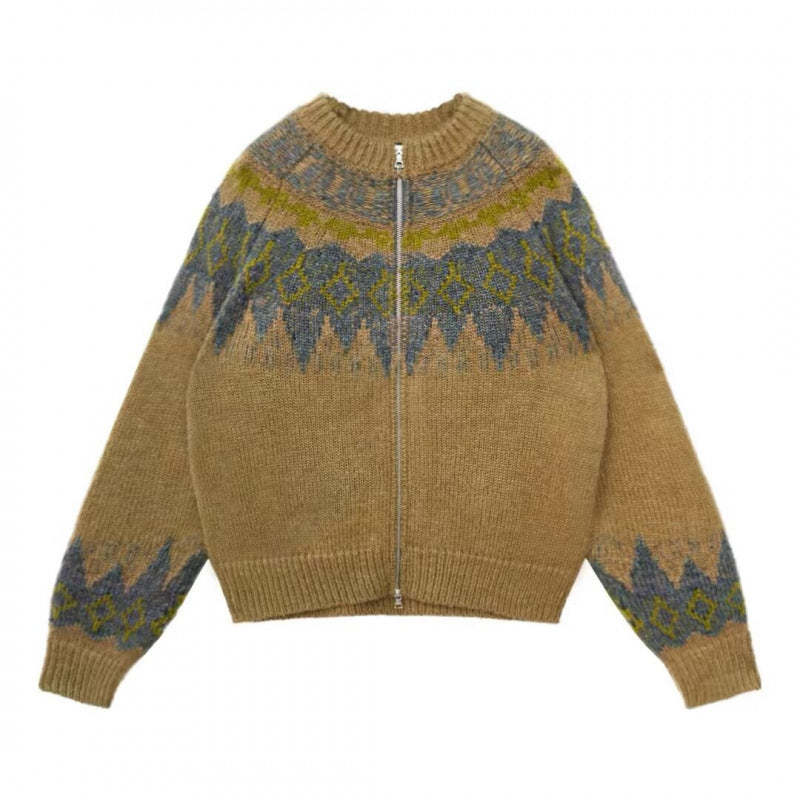 Damen Strickjacke mit innovativem Zipper und traditionellem Muster Drune