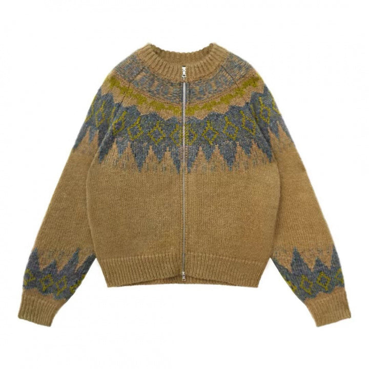 Damen Strickjacke mit innovativem Zipper und traditionellem Muster Drune