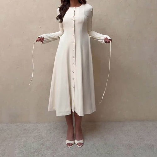 Damen Langärmeliges Midikleid im A Linien Schnitt mit durchgehender Knopfleiste Drune
