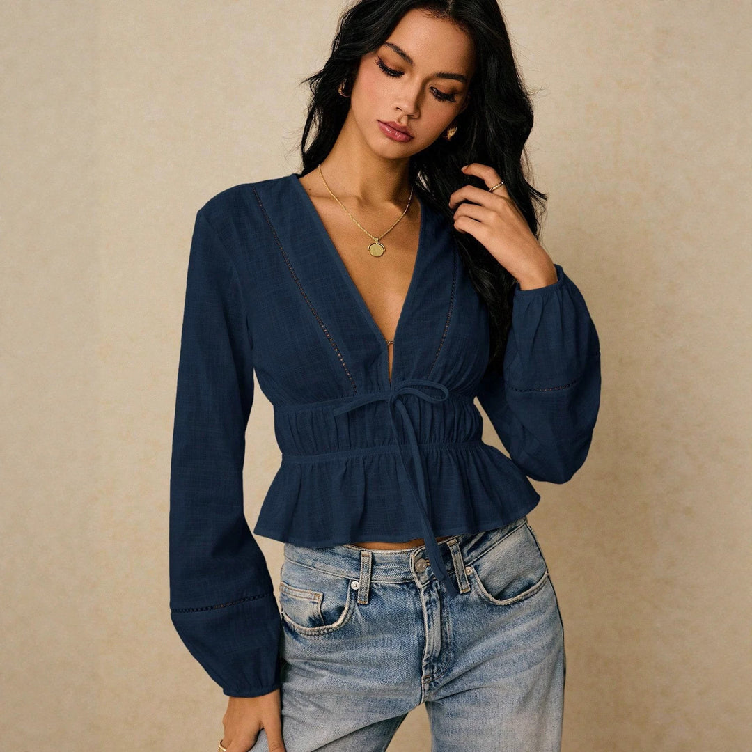 Damen Bluse mit tiefem V‑Ausschnitt, Kordel‑Taillenband und Volant Drune