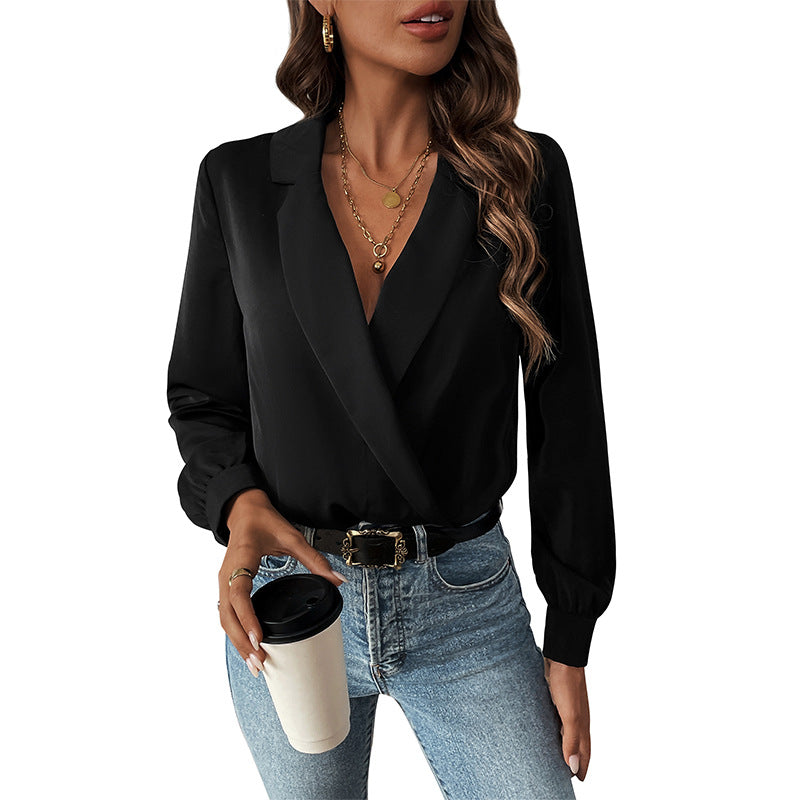 Damen Eleganter Body mit V-Ausschnitt und langen Ärmeln Drune